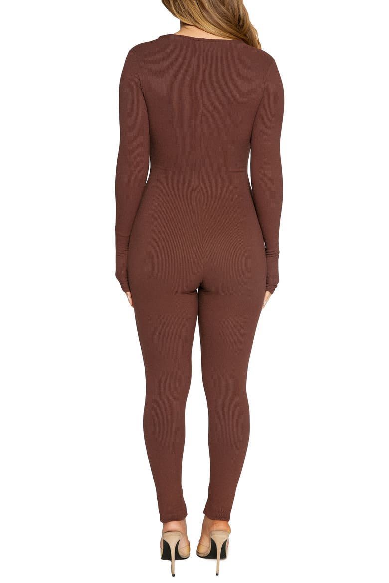 Binding Deep Keyhole Long Sleeve Jumpsuit, Alternate, color, CHOCOLATE