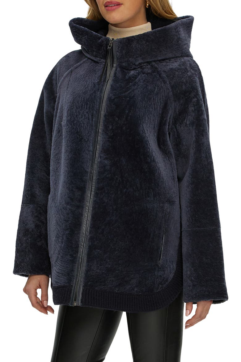Reversible Textured Genuine Shearling Lamb Zip Parka with Ribbed Hem, Alternate, color, DARK BLUE/DARK BLUE