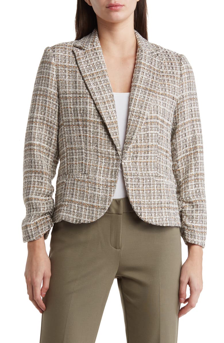 Amanda & Chelsea Scrunch Sleeve Bouclé Blazer, Main, color, Camel/Olive Multi