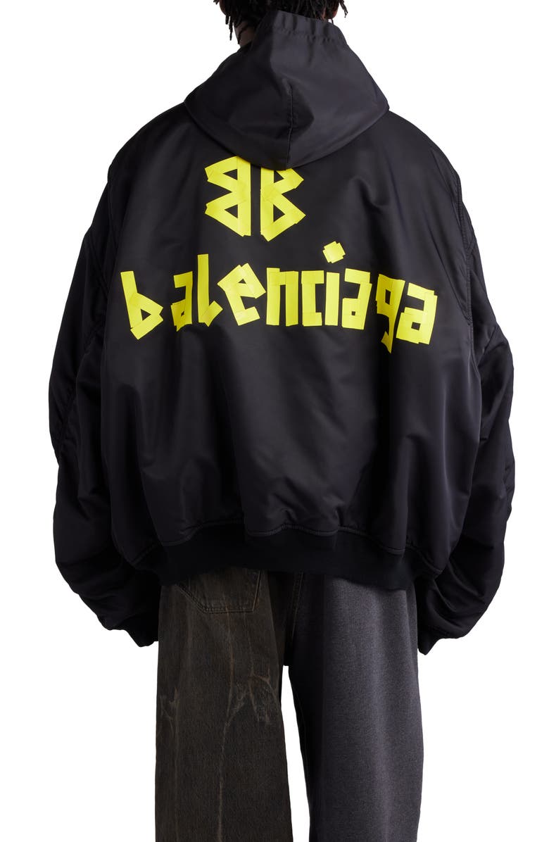 Balenciaga Tape Logo Oversize Hooded Bomber Jacket, Alternate, color, Black