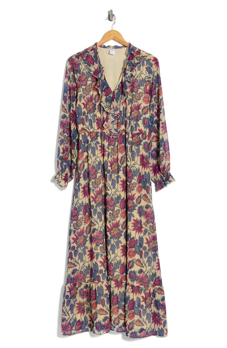 Melrose and Market Long Sleeve Chiffon Maxi Dress, Alternate, color, Tan- Green Floral Streak