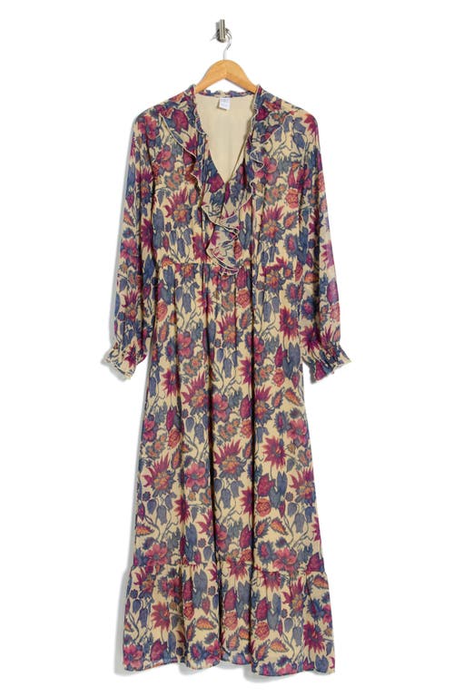 Melrose And Market Floral Long Sleeve Ruffle Chiffon Maxi Dress In Purple