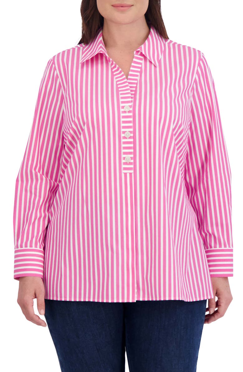 Foxcroft Pamela Stripe Stretch Tunic Blouse, Main, color, Azalea