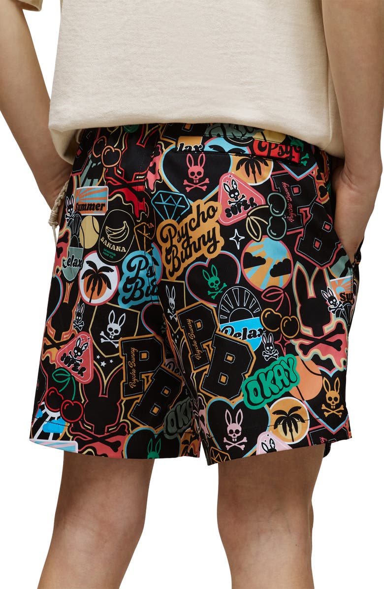 Psycho Bunny Kids' Marco Print Swim Trunks, Alternate, color, Black