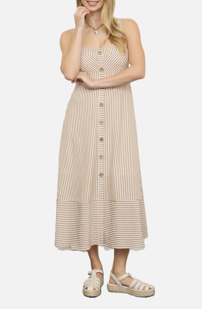 Blu Pepper Stripe Button Trim Midi Dress, Main, color, Khaki