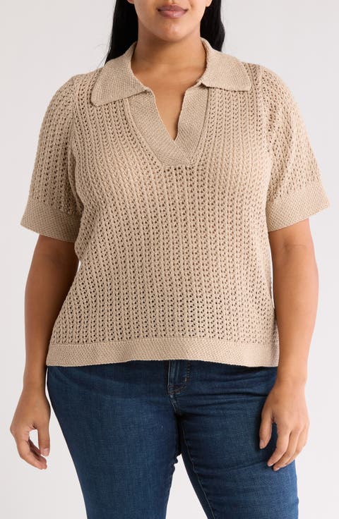 Open Stitch Polo Sweater (Plus)
