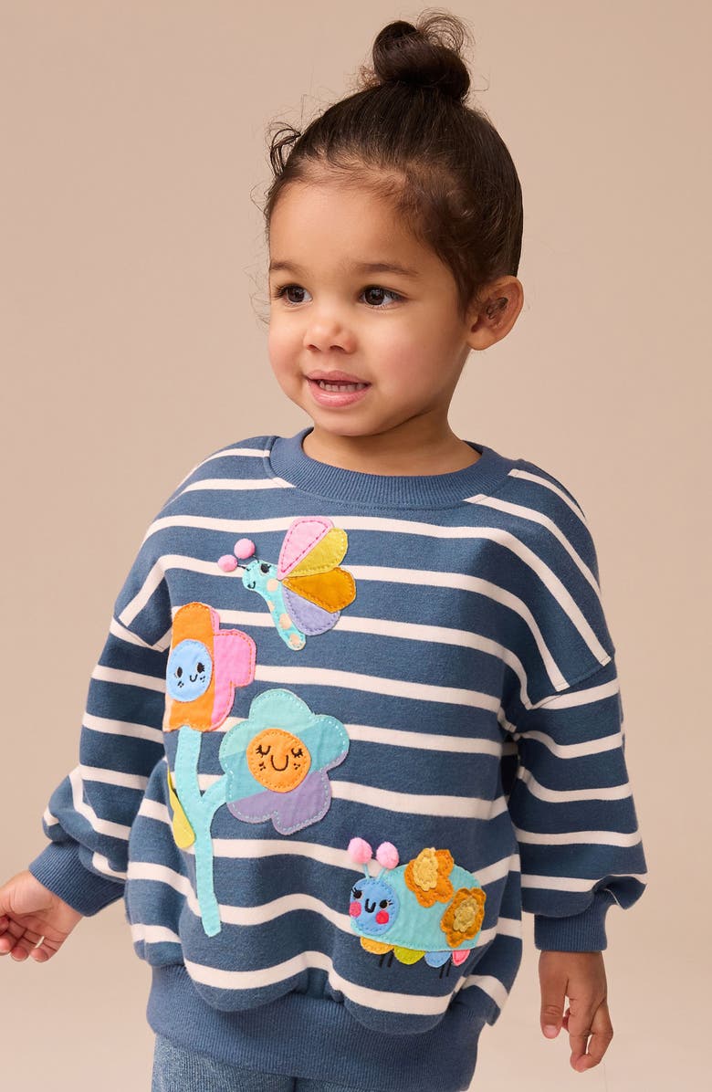 NEXT Kids' Stripe Floral Appliqué Graphic Sweatshirt & Rib Leggings Set, Alternate, color, Blue