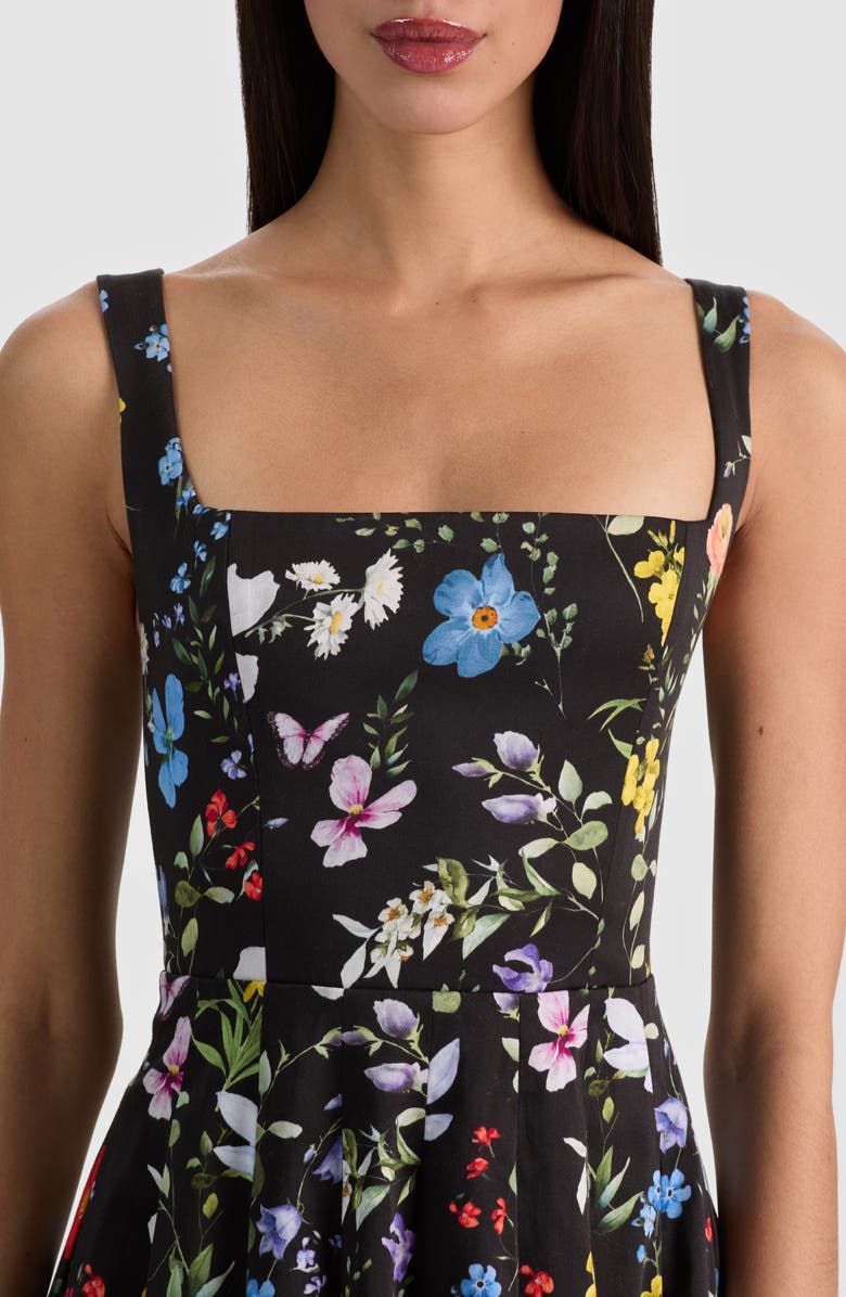 Alice + Olivia Veda Floral Pleated Stretch Cotton Minidress, Alternate, color, Twisting Vines Black