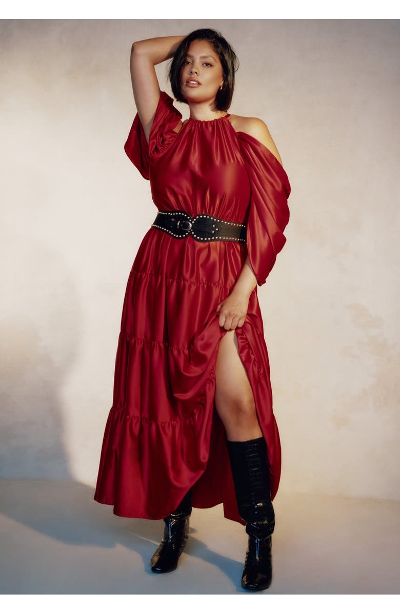 June + Vie Off-The-Shoulder Halter Maxi Dress, Alternate, color, Bold Red