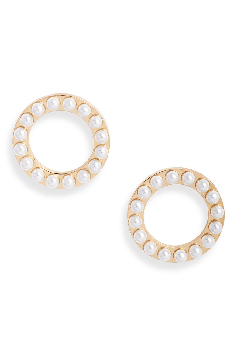 Imitation Pearl Structured Circle Earrings, Main, color, PEARL