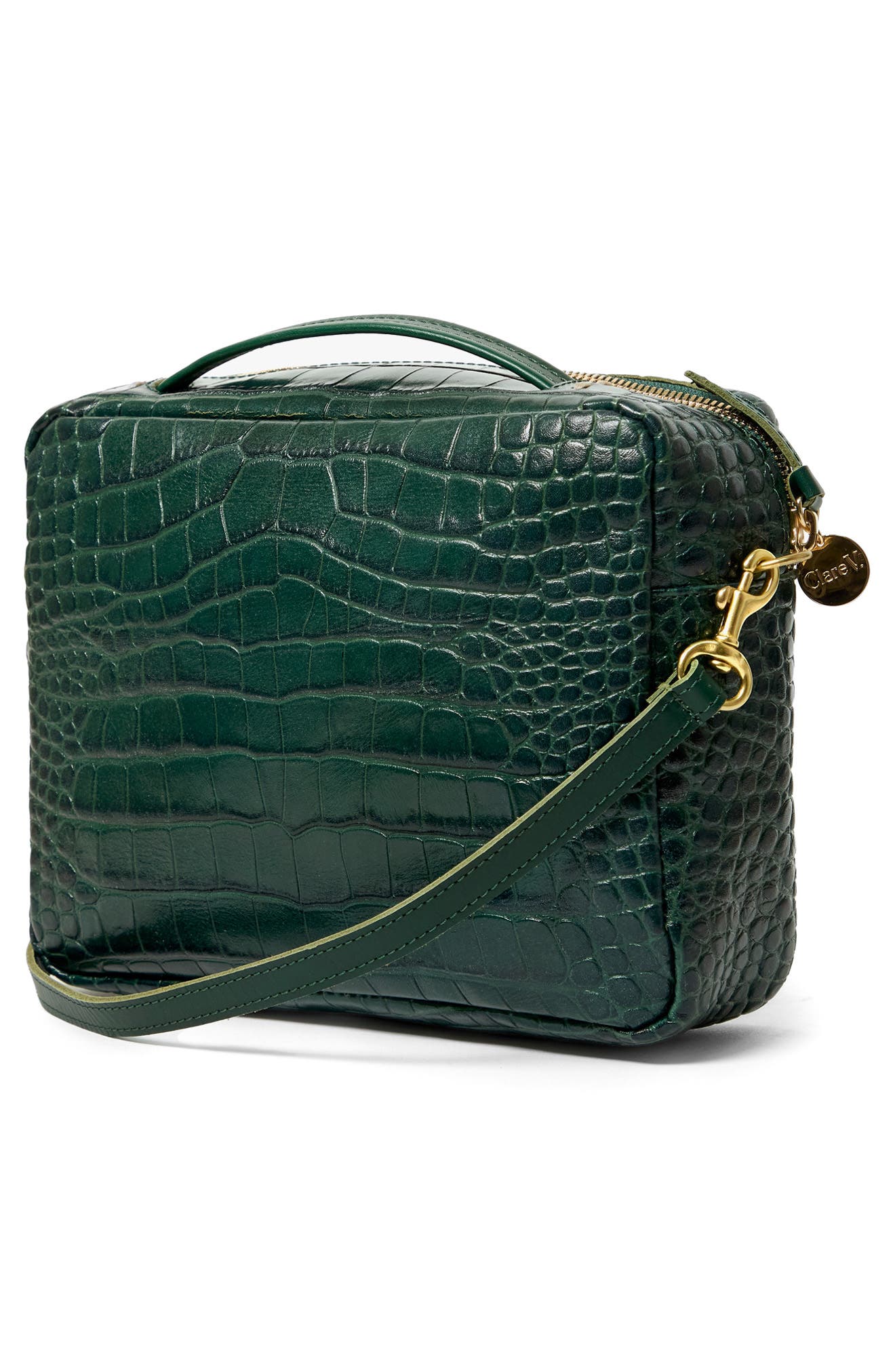 Clare V. Mirabel Croc Embossed Leather Crossbody Bag, Alternate, color, Deep Pine