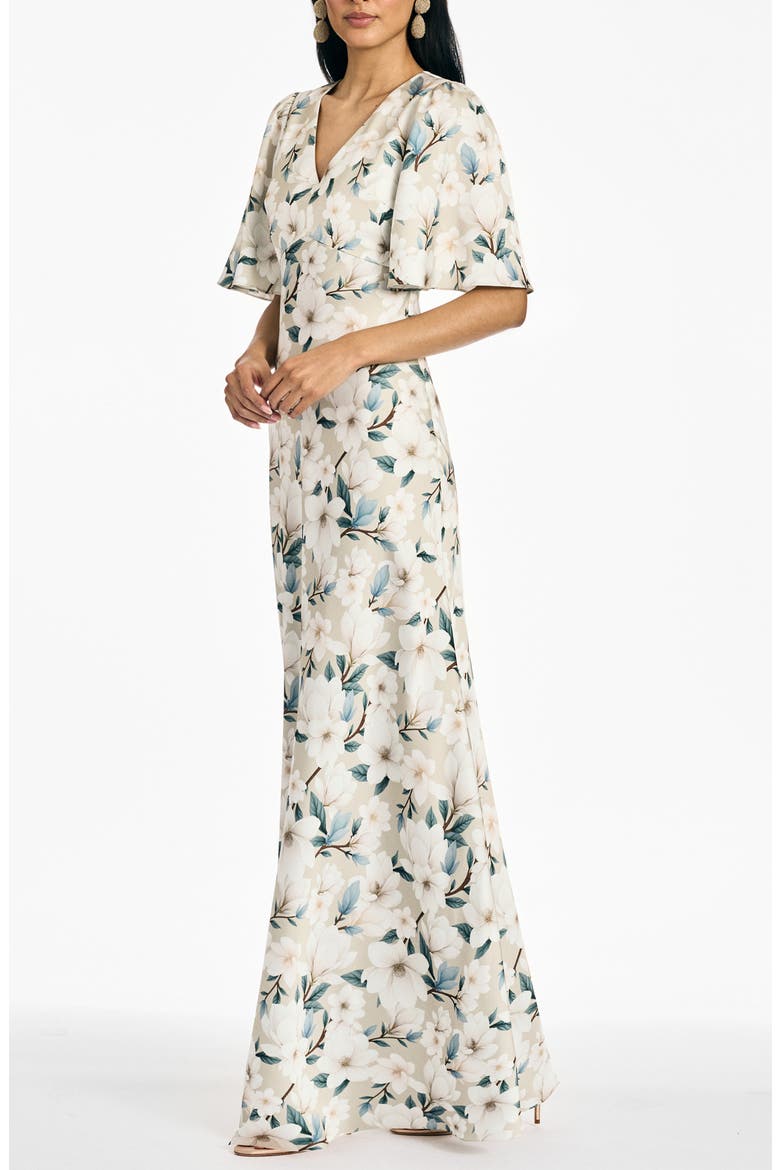 Mae Floral Flutter Sleeve Gown, Alternate, color, CHAMPAGNE MAGNOLIA