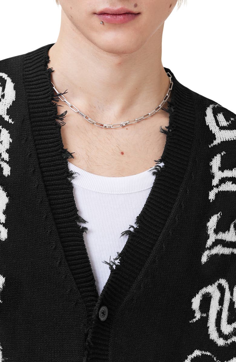 AllSaints Scripture Distressed Graphic Button-Up Sweater Vest, Alternate, color, Black/ Ecru White