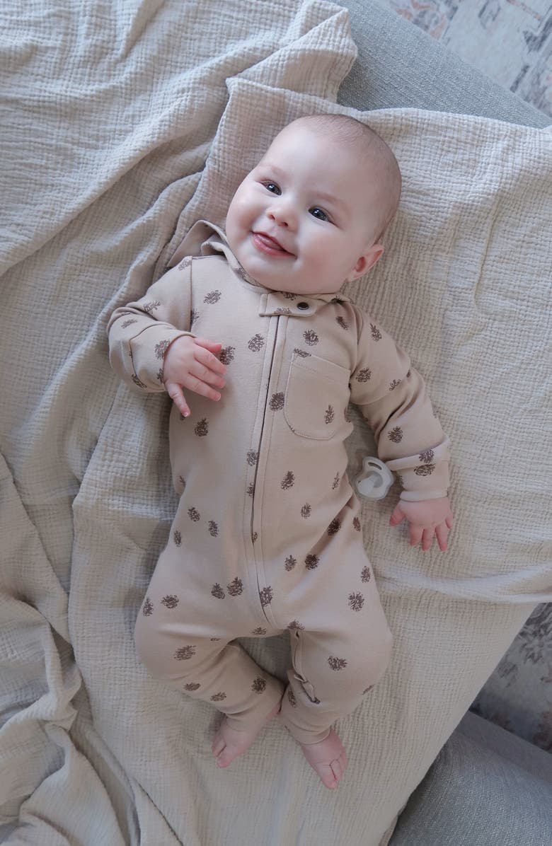 L'ovedbaby Print Organic Cotton Hooded Romper, Alternate, color, Oatmeal Pinecone