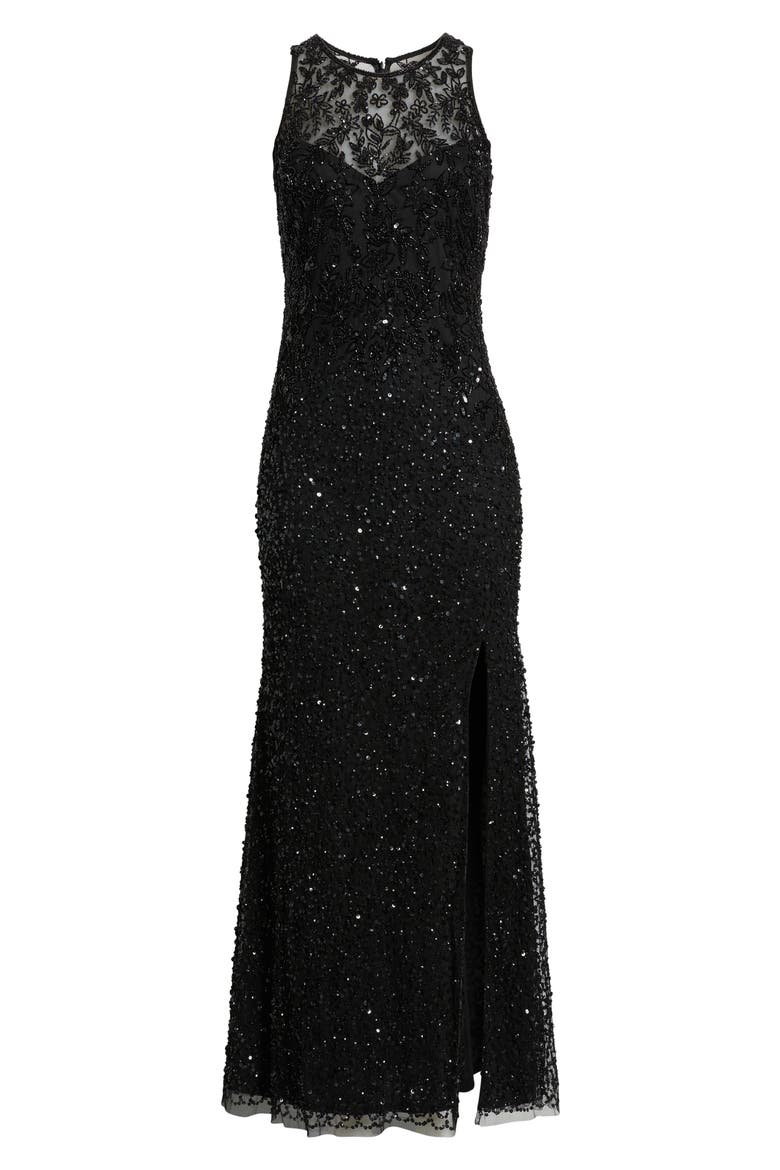 Floral Beaded Sequin Sleeveless A-Line Gown, Alternate, color, BLACK