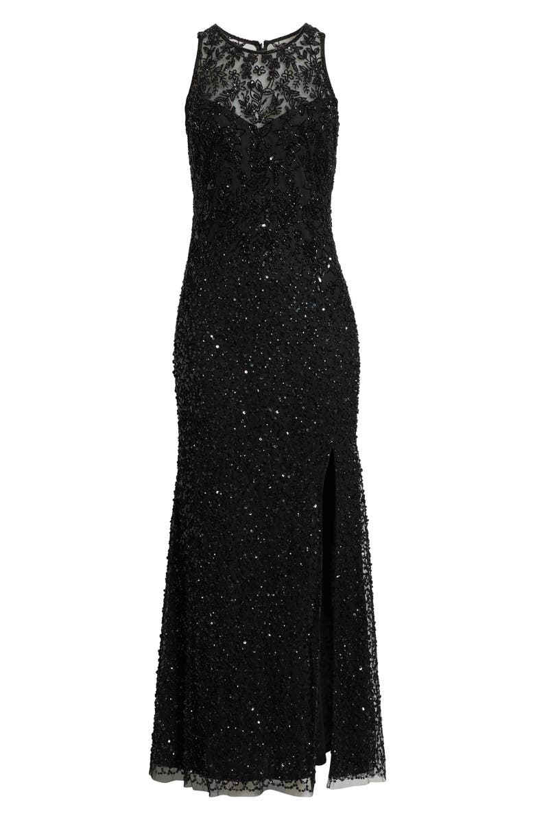 Pisarro Nights Floral Beaded Sequin Sleeveless A-Line Gown, Alternate, color, Black