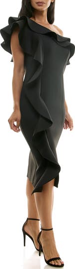 Ruffle One-Shoulder Scuba Knit Sheath Dress