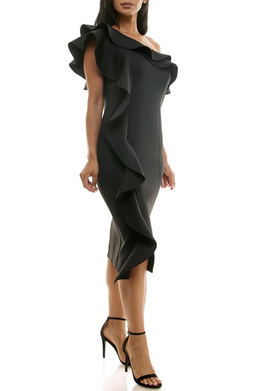 Nina Leonard Ruffle One-shoulder Scuba Sheath Dress In Black