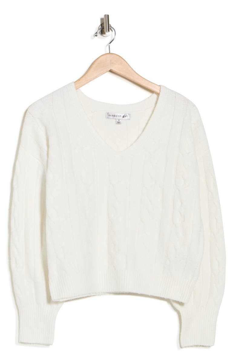 Madden Girl V-Neck Cable Knit Sweater, Alternate, color, Ivory