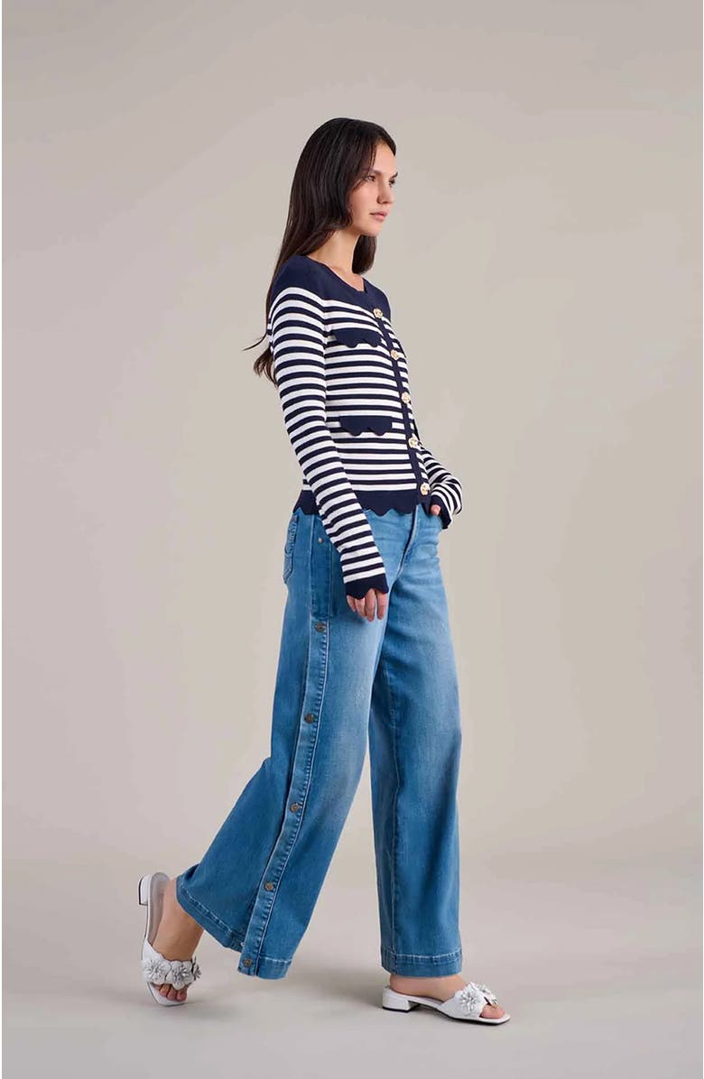 Anne Fontaine Women's Cardigan Blue And White Striped Cardigan With Gold Flower Buttons, Alternate, color, Dark Navy