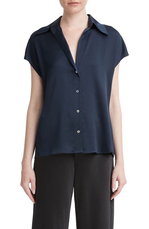 Cap Sleeve Gathered Back Short Sleeve Silk Button-Up Shirt