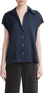 Vince Cap Sleeve Gathered Back Short Sleeve Silk Button-Up Shirt