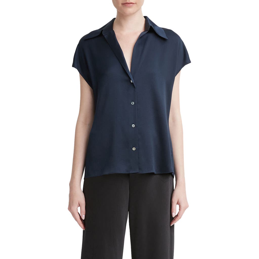 Vince Cap Sleeve Gathered Back Short Sleeve Silk Button-up Shirt