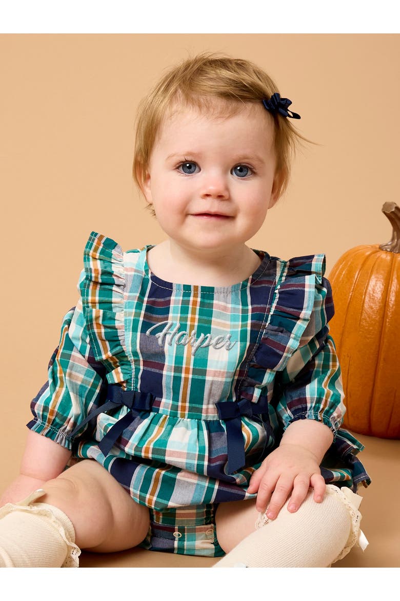 Woven Long Sleeve Waterfall Bow Bubble Romper, Alternate, color, Forrest Plaid