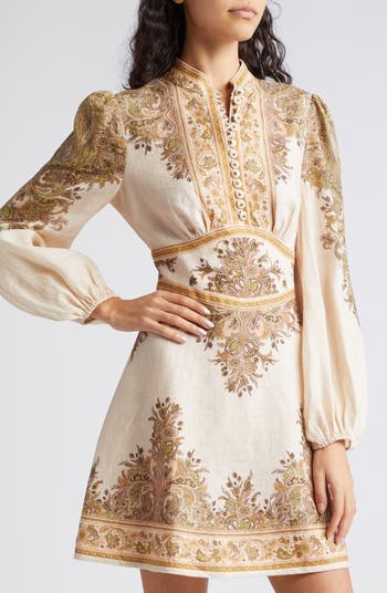 Natura Floral Paisley Long Sleeve Linen Mini Dress