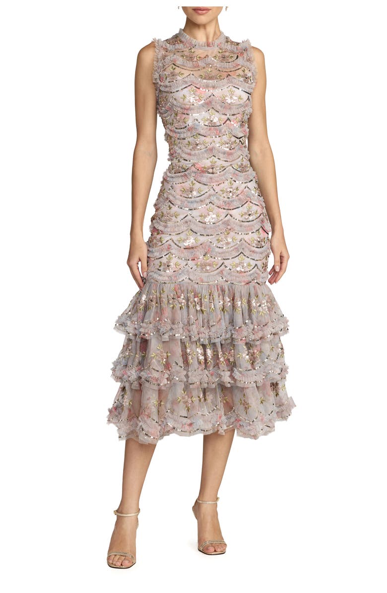 Mac Duggal Sleeveless Sequin Tiered Ruffle Midi Dress, Main, color, Pastel Multi