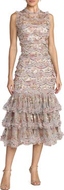 Mac Duggal Sleeveless Sequin Tiered Ruffle Midi Dress