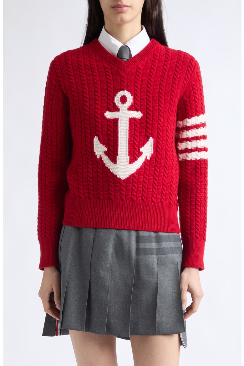 4-Bar Anchor Intarsia Cable Stitch Wool Sweater, Main, color, RED