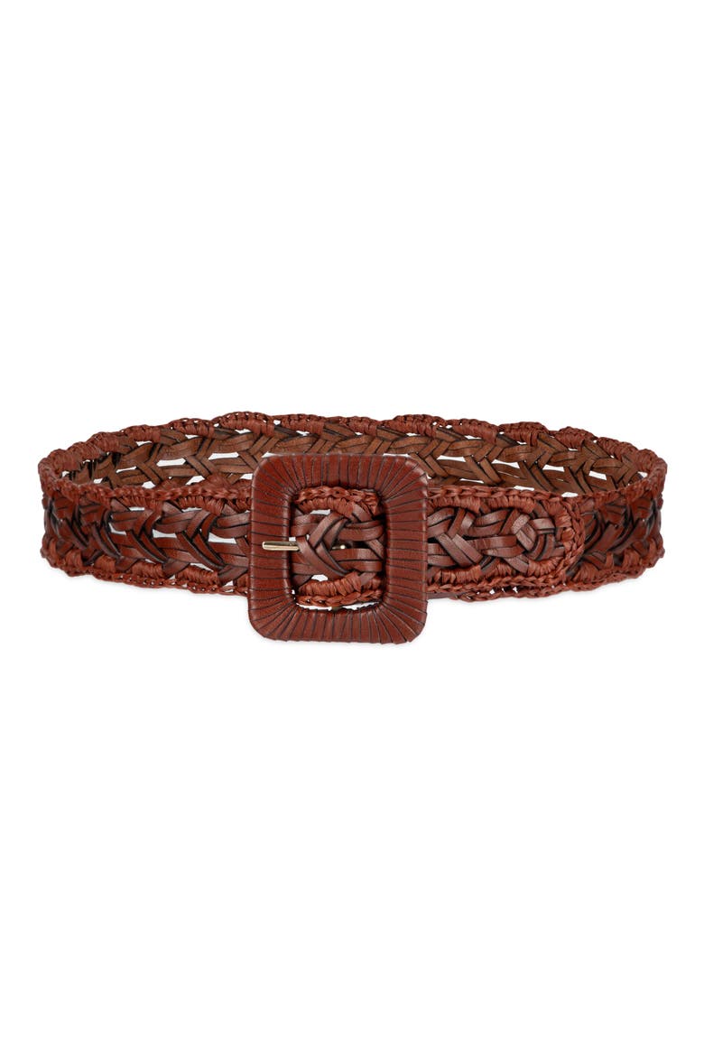 Woven Raffia & Leather Belt, Main, color, COGNAC