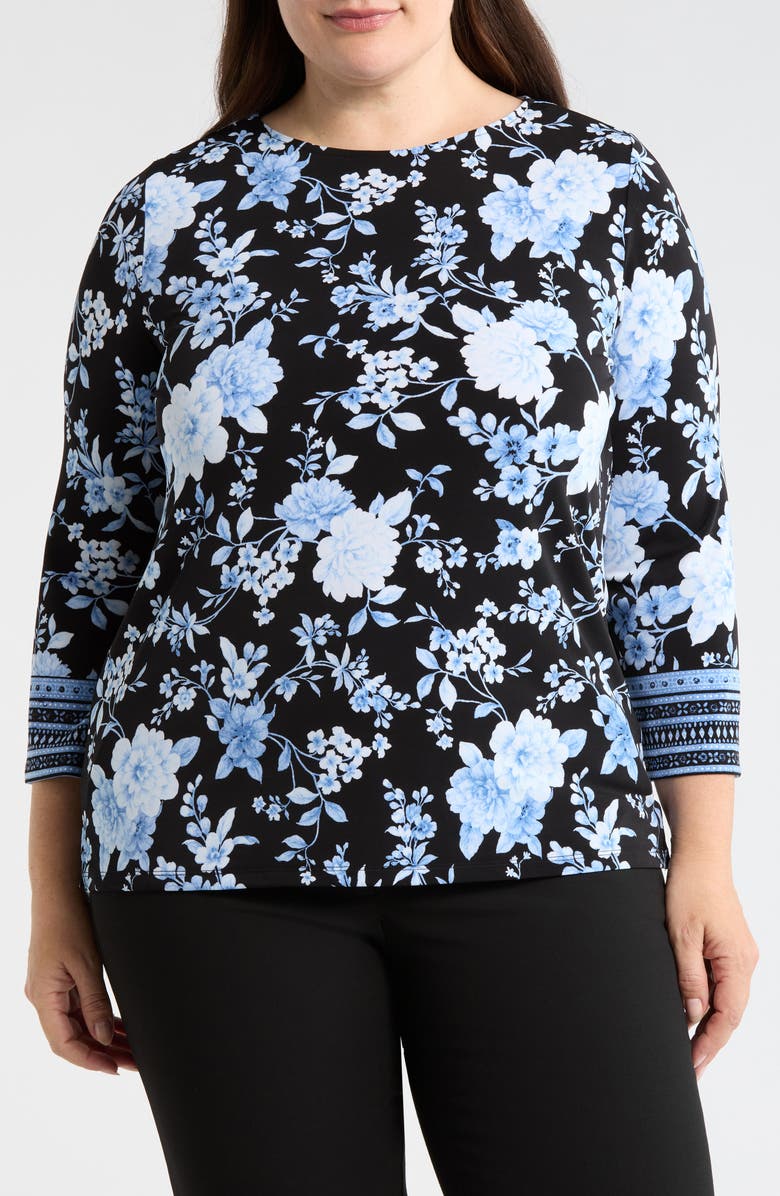 Anne Klein Floral Print Border Top, Main, color, Anne Black Multi