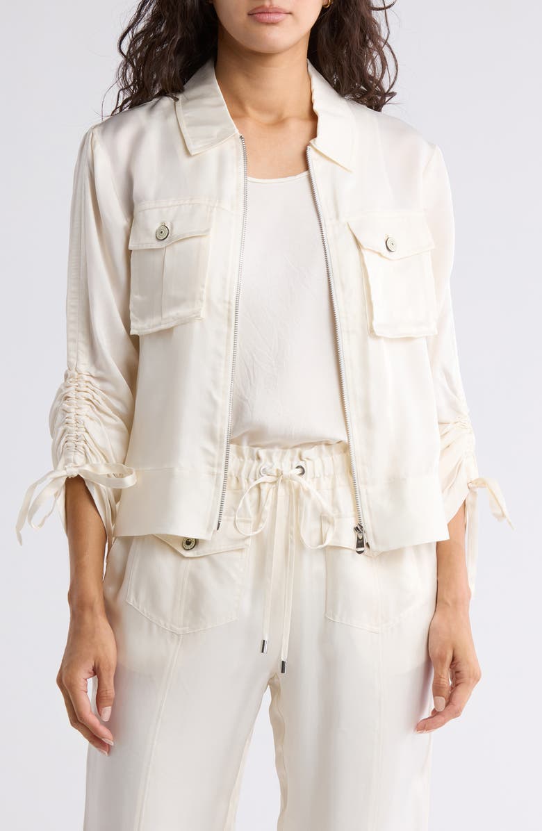 Cinq à Sept Dale Ruched Sleeve Cupro Satin Jacket, Main, color, 