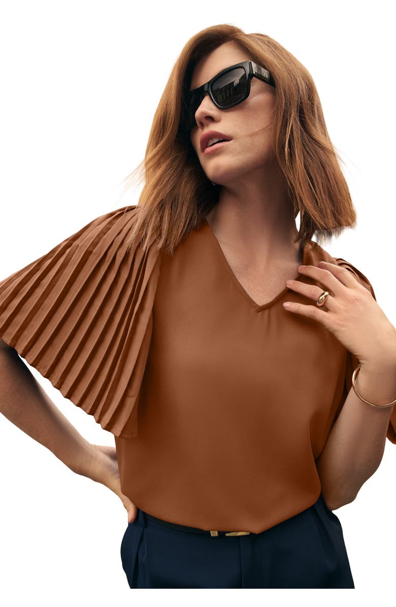 Jessica London Pleated Sleeve Georgette Blouse, Main, color, Cognac