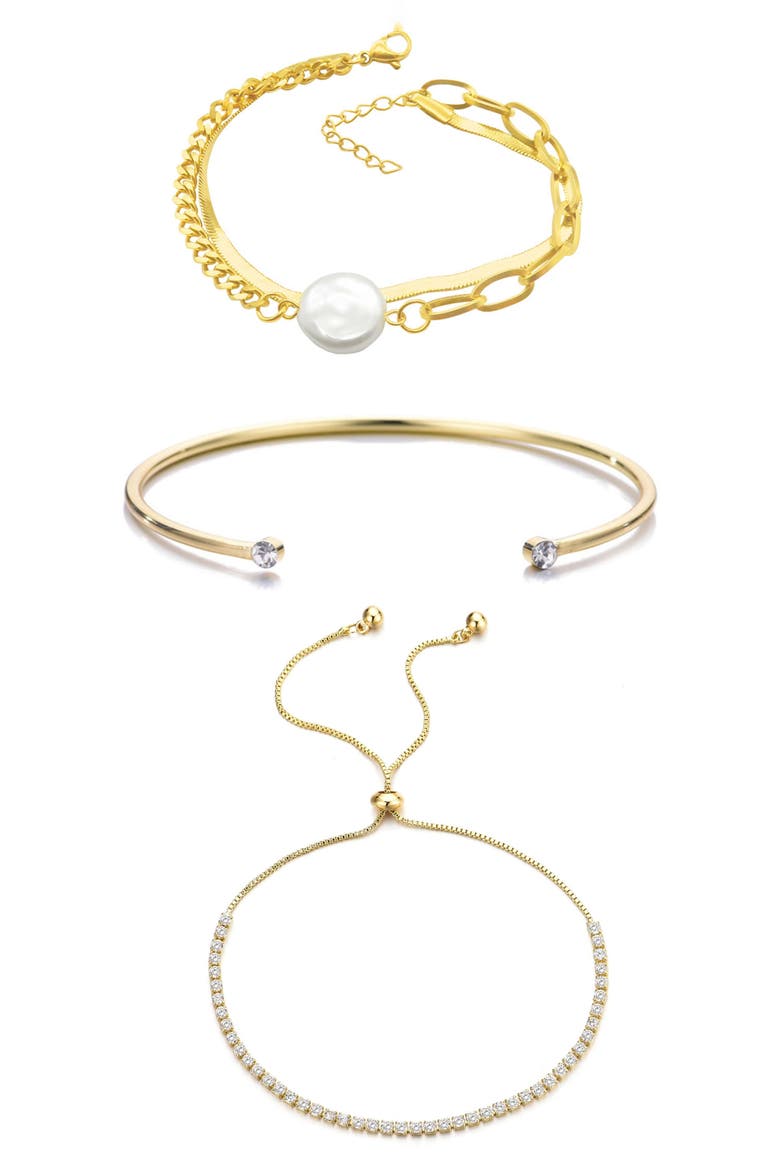Set of 3 Crystal & Faux Pearl Bracelets, Main, color, GOLD
