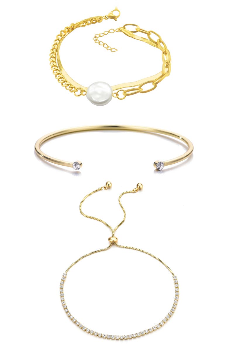Adornia Set of 3 Crystal & Faux Pearl Bracelets, Main, color, Gold