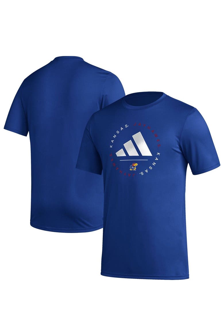 Men's adidas Royal Kansas Jayhawks Stripe Up AEROREADY Pregame T-Shirt, Main, color, Royal