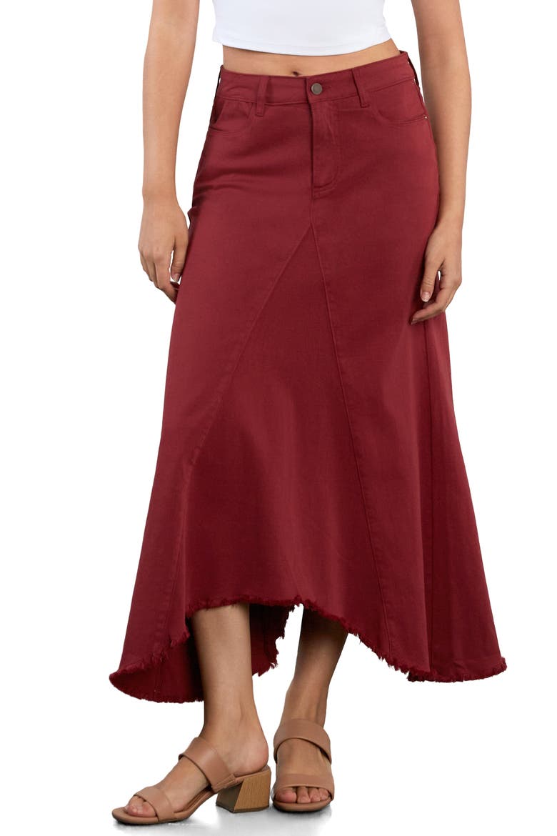 Selma Pieced Asymmetric Denim Maxi Skirt, Main, color, POMEGRANITE