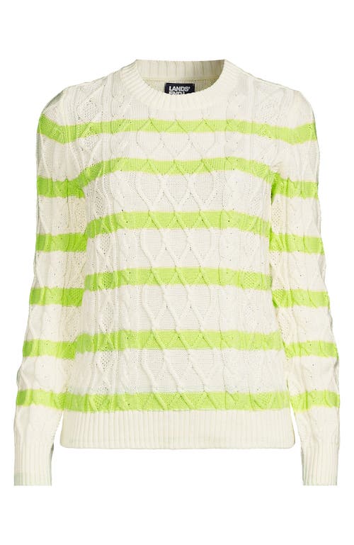 Lands' End Cotton Drifter Crew Cable Pullover Sweater In Ivory/limoncello Gulf Stripe
