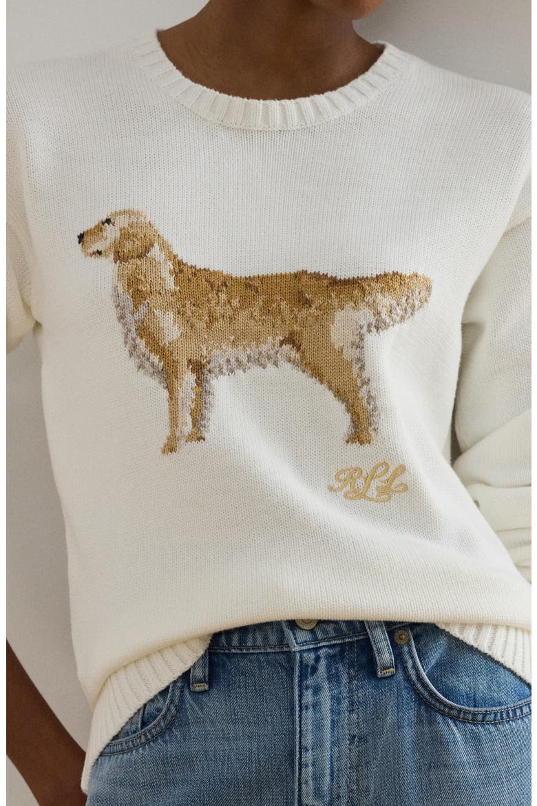Golden Retriever Intarsia Cotton Sweater, Alternate, color, WHITE/ MULTI