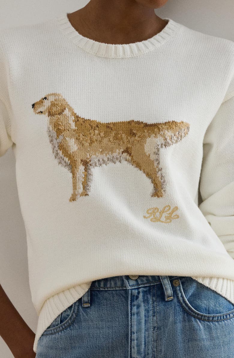Lauren Ralph Lauren Golden Retriever Intarsia Cotton Sweater, Alternate, color, White/ Multi