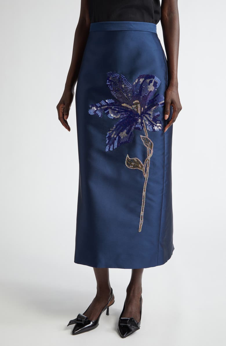 Erdem Embellished Floral Appliqué Mikado Pencil Skirt, Main, color,