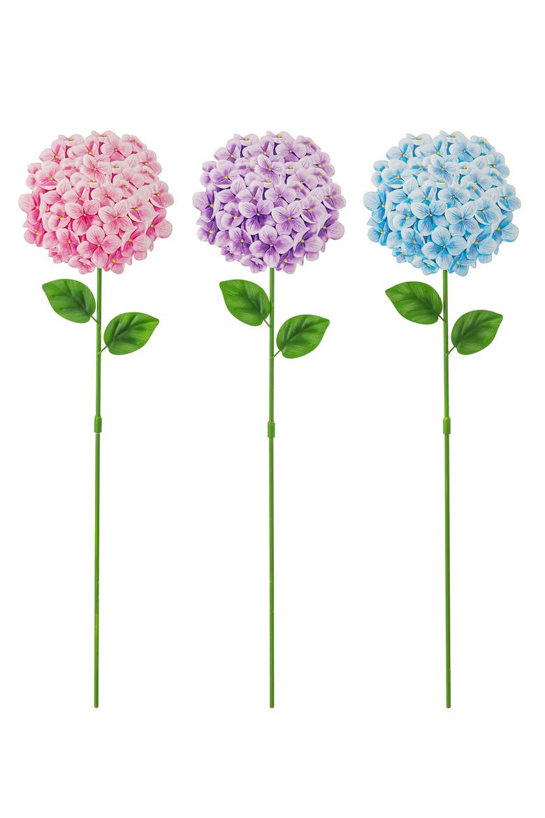 Set of 3 Metal Happy Face Flower Hydrangea Picks Wall Decor, Main, color, Pink