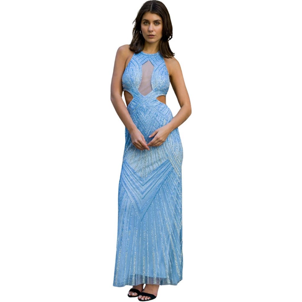 Lara New York Halter Neck Beaded Dress With Cutouts In Blue