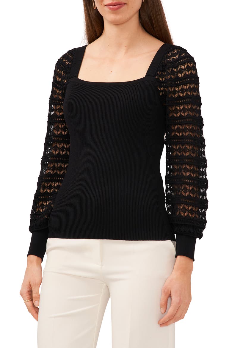 Lacy Sleeve Square Neck Sweater, Main, color, RICH BLACK