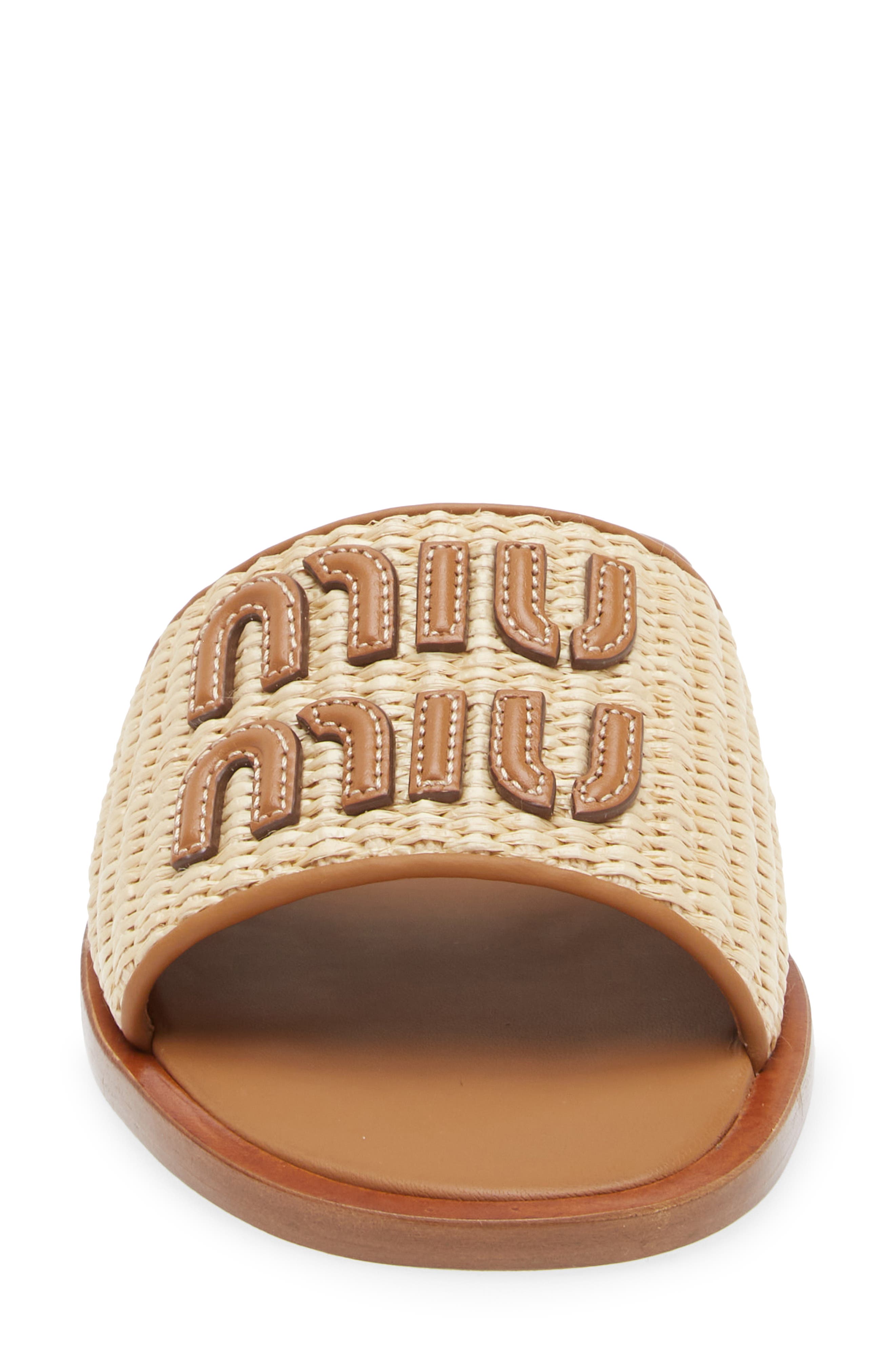 Miu Miu Logo Raffia Slide Sandal, Alternate, color, 