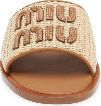 【関税無・国内発】 MIU MIU / Raffia-Effect Logo Slides Miu Miu Raffia-effect woven fabric slides | REVERSIBLE