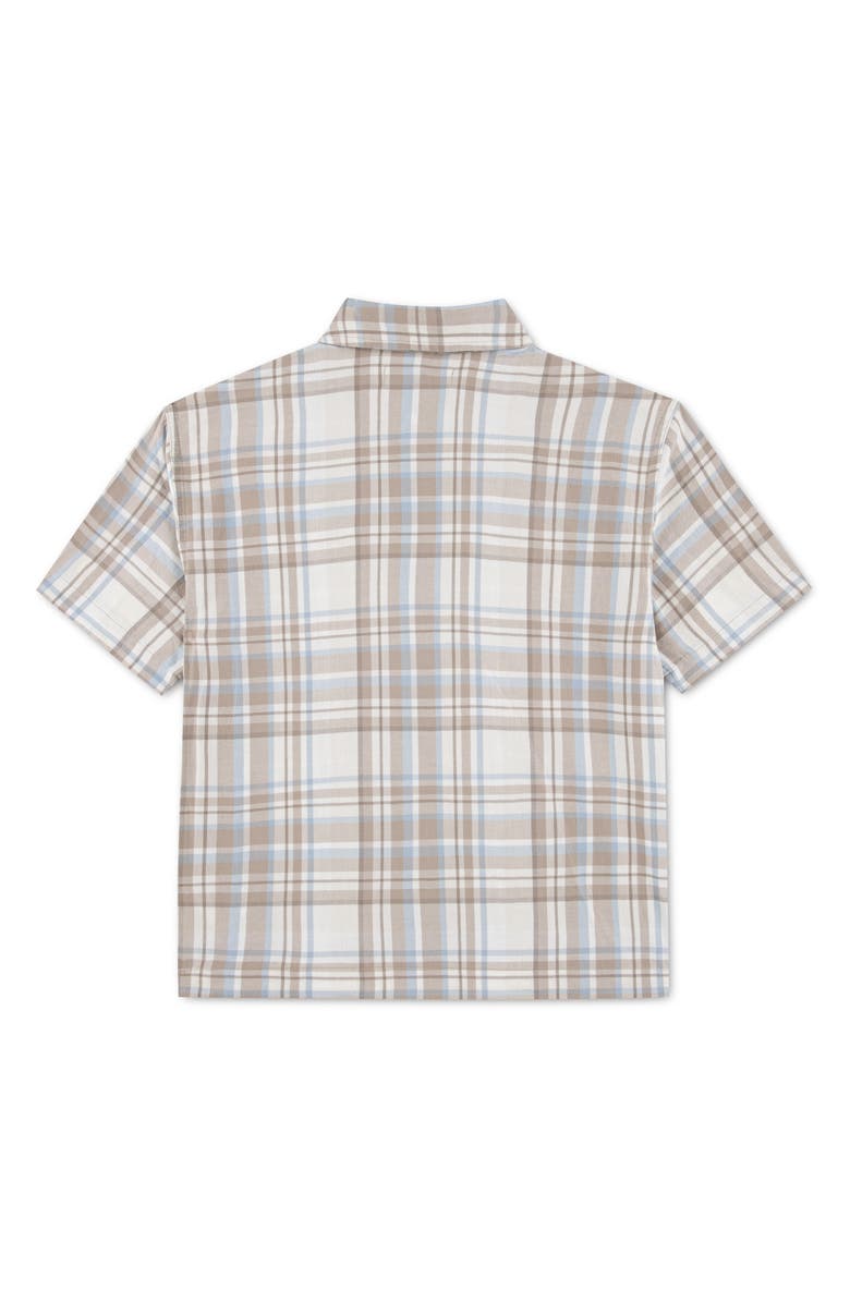 abercrombie kids Kids' Boxy Fit Plaid Short Sleeve Cotton Button-Up Shirt, Alternate, color, Simply Taupe